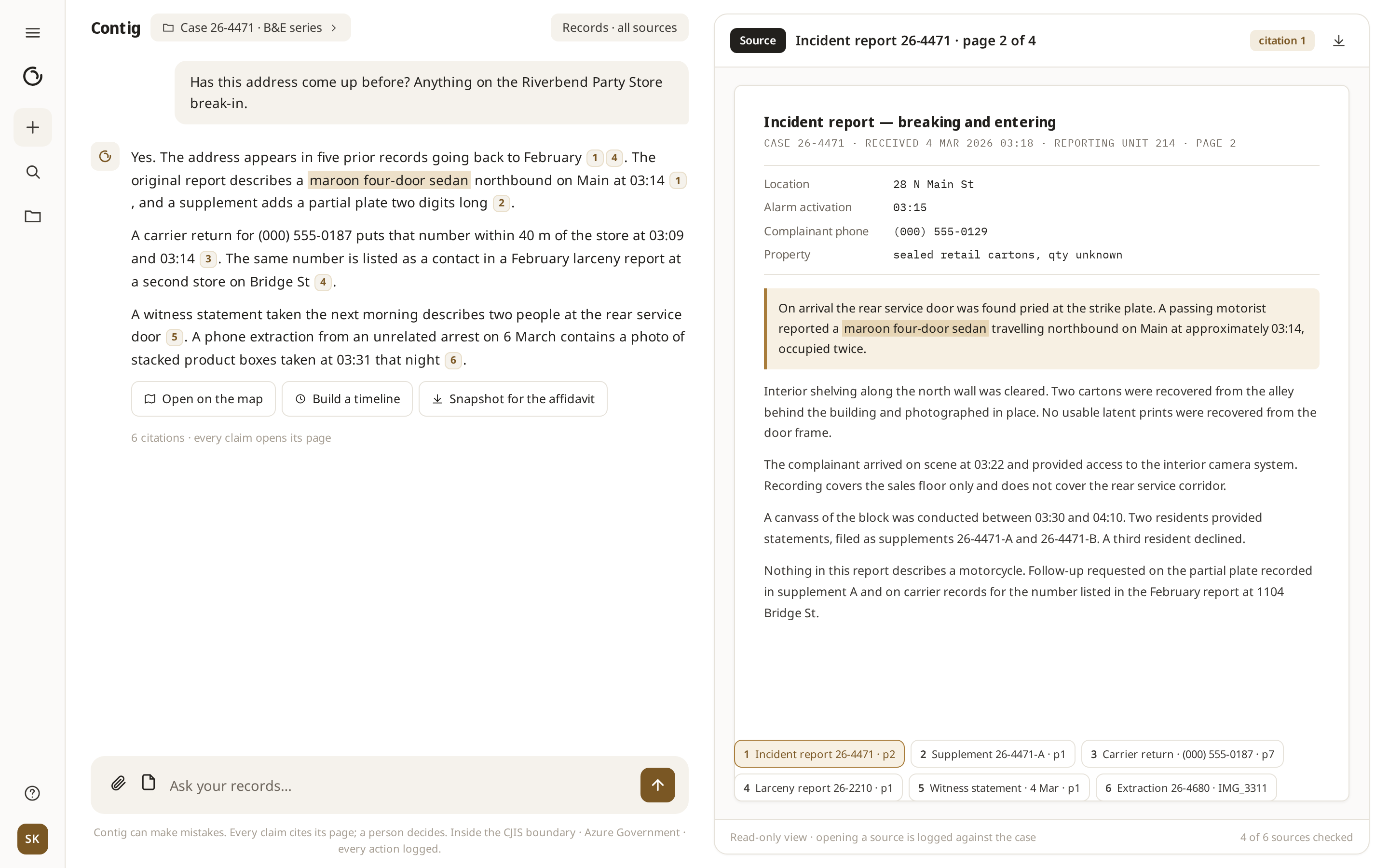 Contig chat answering from fictional agency records with page citations