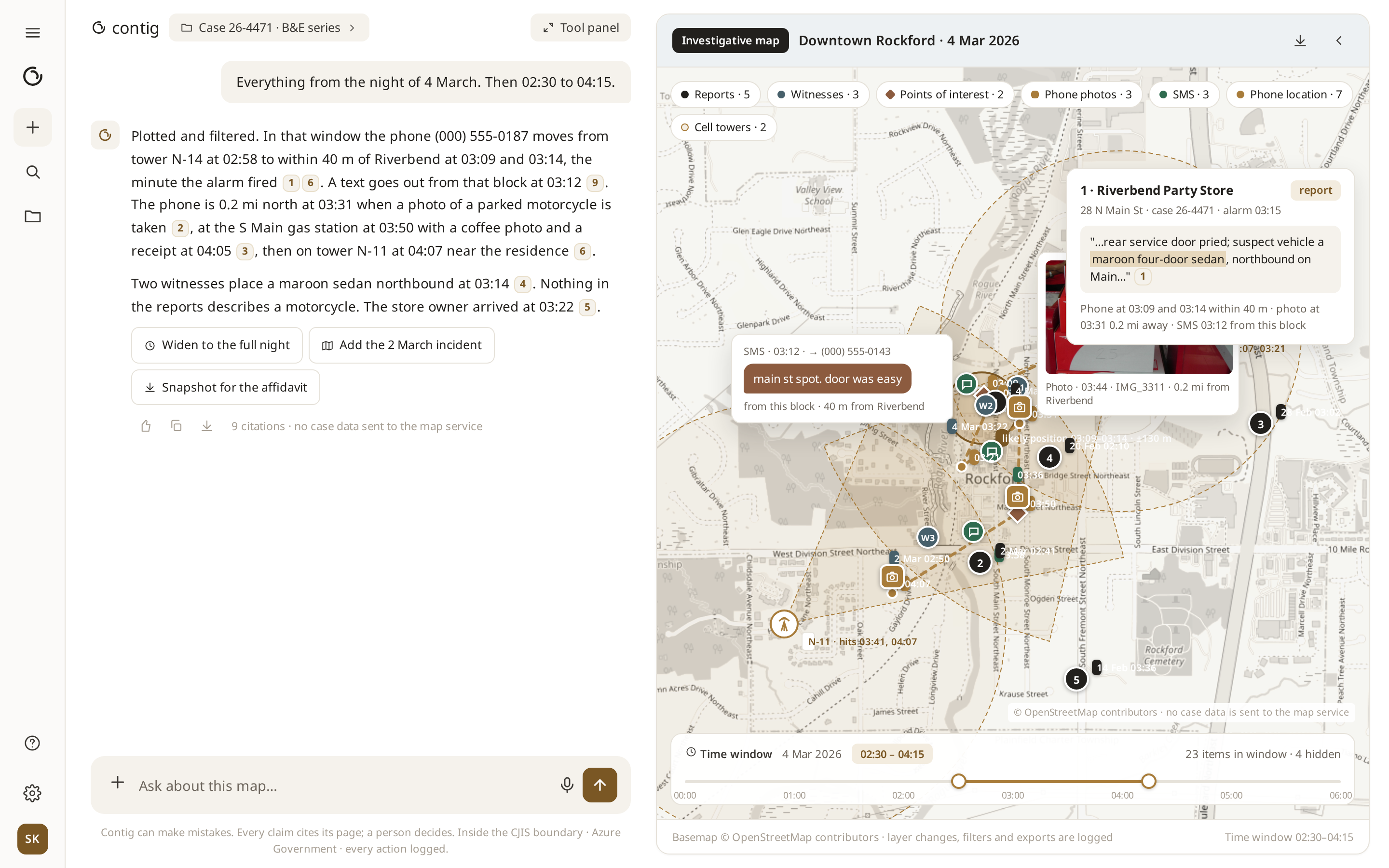 Contig investigative map using fictional records and locations