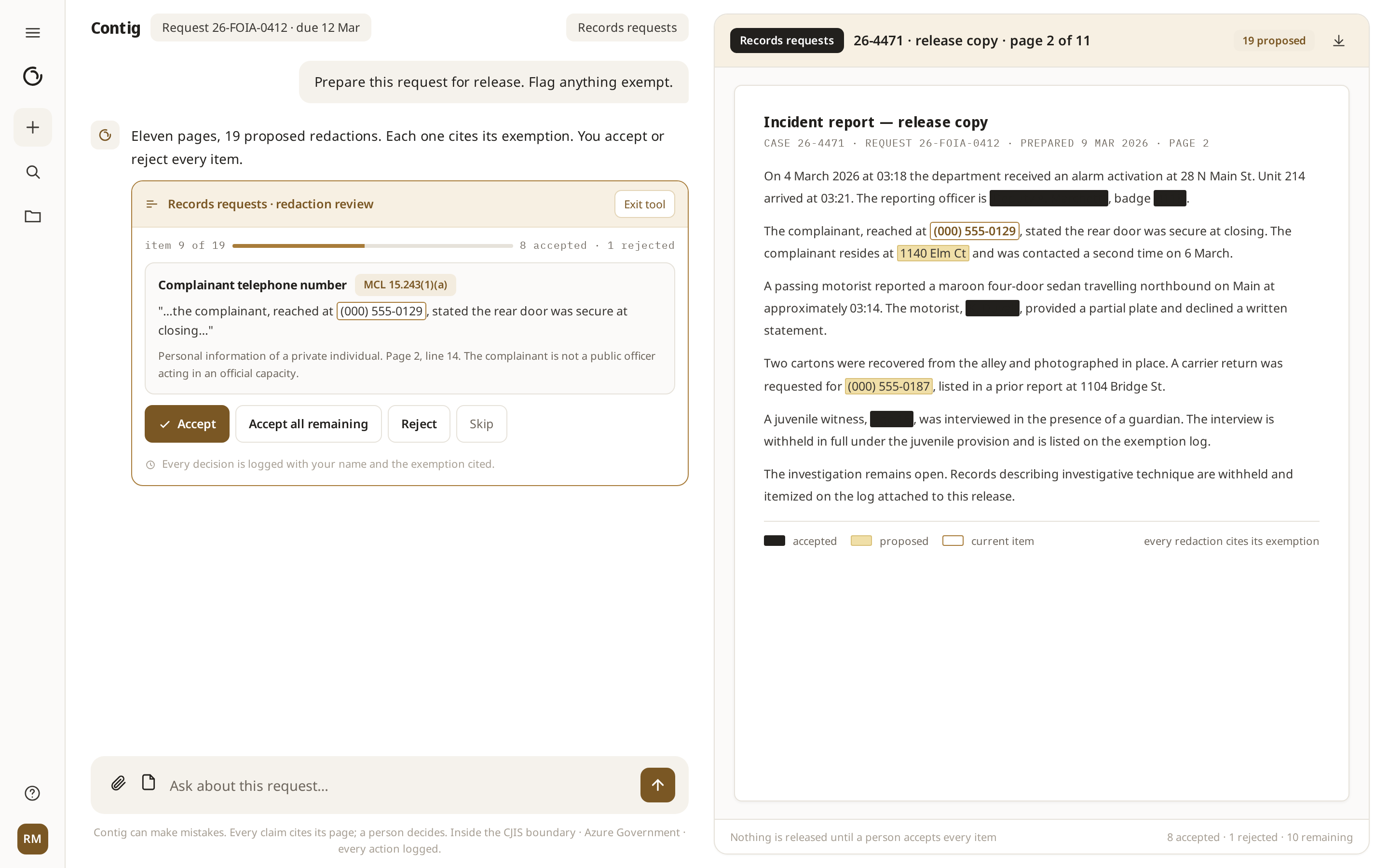 Contig records request review using fictional records
